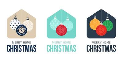 Feliz Natal em casa 2020 cartão com bolas de Natal minimalistas de vetor engraçado. ilustração dos desenhos animados plana do conceito de Natal seguro ficar em casa distintivo em quarentena. reação covid-19.