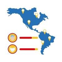 mapa do continente americano com informações e ícones covid-19, ícone de estilo simples vetor