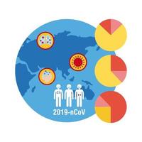 mapa-múndi com infográfico covid-19 e ícones, ícone de estilo simples vetor