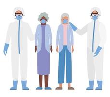 mulheres idosas com máscaras e médicos com roupas de proteção contra o design de vetor 19