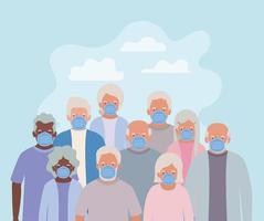 mulheres e homens mais velhos com máscaras contra o design 19 vetor