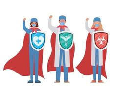 mulheres e homens médicos heróis com capas e escudos contra o design de vetor do vírus ncov 2019