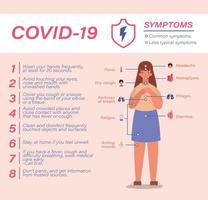 sintomas de dicas de prevenção de vírus covid 19 e design de vetor de avatar de mulher