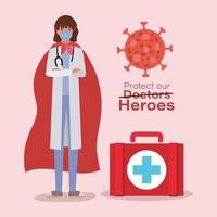 Mulher doutora herói com capa e kit médico contra desenho vetorial de 2019 vetor