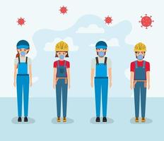 Construtores femininos e masculinos com máscaras e capacetes contra o design de vetor de vírus ncov 2019