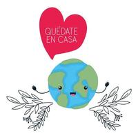 kawaii world cartoon e quedate en casa text vector design