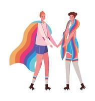 desenhos animados femininos com fantasias e desenho de vetor da bandeira LGTBI