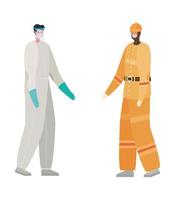 construtor homem e médico com traje de proteção e desenho vetorial de máscara vetor