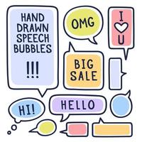 mão desenhada doodle bolhas de discurso definidas com acentuação, preenchidas com pinceladas e textos de exemplo, grande venda, Olá, oi, te amo. ilustração vetorial. vetor