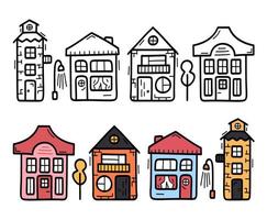 sinal decorativo de casa de cidade escandinava. Doodle vector pack de ícones. conjunto de casas com janela e porta do telhado. ilustração vetorial desenhada à mão