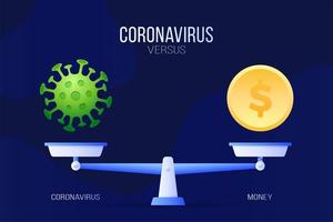 coronavírus ou ilustração vetorial de dinheiro econômico. conceito criativo de escalas e versus, de um lado da escala está o vírus covid-19 e, do outro, o ícone de moeda de dinheiro. ilustração vetorial plana. vetor