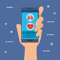 mão usando smartphone para medicina online vetor