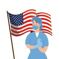 trabalhador de saúde com máscara facial e bandeira dos EUA vetor