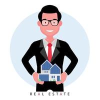 corretor ou corretor de imóveis oferecendo uma casa em pé enquanto segura um modelo de propriedade vetor
