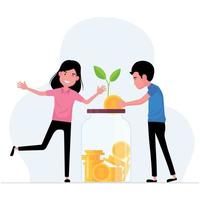 economizando dinheiro apresentando um homem e uma mulher colocando moedas em uma jarra vetor