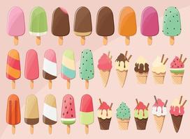 enorme coleção de 28 deliciosos picolés, colheres e cones de sorvete saborosos e brilhantes, deleite de verão