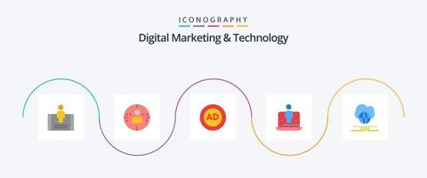 marketing digital e tecnologia flat 5 icon pack incluindo mundo. tecnologia. bloco de anúncios. computador portátil. computador vetor