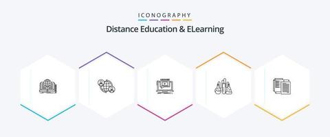 educação a distância e pacote de ícones de 25 linhas de e-learning, incluindo laboratório. químico. Internet. vídeo. tela vetor