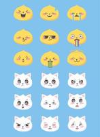 conjunto de ícones de emoticons emoji de estilo simples e engraçado com expressão facial de gatos vetor