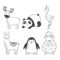 animais fofos esboço vida selvagem desenho animado adorável cervo panda flamingo alpaca pinguim ovelhas ícones vetor