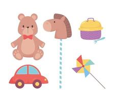 objetos de brinquedos para crianças pequenas brincarem de carro de pelúcia de desenho animado e cavalo em pau vetor