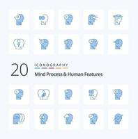 20 processos mentais e recursos humanos pacote de ícones de cor azul como planejamento mental da cabeça vetor