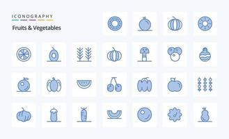 25 frutas legumes pacote de ícones azul vetor