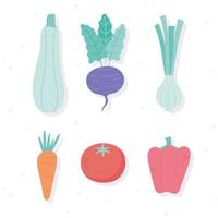 vegetais frescos nutrição orgânica dieta comida saudável cebola tomate cenoura pimenta abobrinha ícones vetor