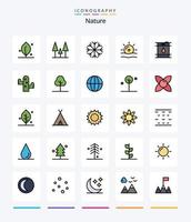 pacote de ícones cheios de 25 linhas de natureza criativa, como deserto. óleo. clima. Gasolina. clima vetor