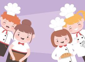 chefs cartoon personagem meninos e meninas preparando comida vetor