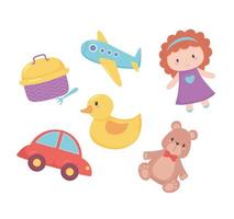 objetos de brinquedos para crianças pequenas brincarem de boneca de desenho animado urso pato avião e lancheira vetor