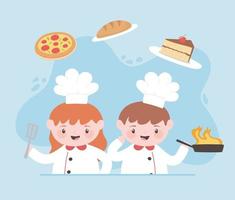 chefs de desenho animado menino e menina com pão de bolo de pizza vetor