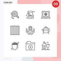 pacote de 9 sinais e símbolos de contornos modernos para mídia impressa na web, como banco de dados seguro, comida canadense, massas, elementos de design vetorial editáveis vetor