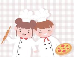 personagem de desenho animado de chefs de garotas e garotos bonitos com pino de rolo e pizza vetor