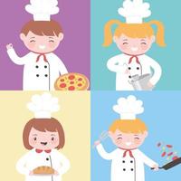 personagem de desenho animado criança chefs profissão com comida e utensílios de cozinha vetor