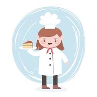 Chef feminino personagem de desenho animado com fatia de bolo no prato vetor