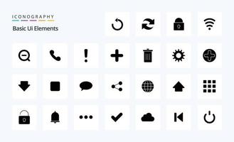 25 elementos básicos da interface do usuário pacote de ícones de glifos sólidos vetor