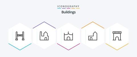 Pacote de ícones de 25 linhas de edifícios, incluindo . fazer compras. construção do castelo. Mercado. prédio vetor