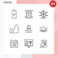 conjunto de 9 sinais de símbolos de ícones de interface do usuário modernos para castelo torre castelo halloween caixão recursos informações elementos de design de vetores editáveis