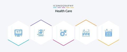 cuidados de saúde 25 pacote de ícones azul, incluindo médico. tubos. fêmea. teste. químico vetor