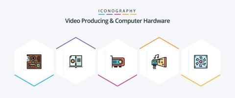 produção de vídeo e pacote de ícones de 25 linhas preenchidas de hardware de computador, incluindo música. dispositivo. instrução. blaster. computador vetor