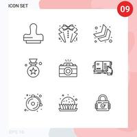 pacote de linha vetorial editável de 9 contornos simples de elementos de design de vetores editáveis de prêmio de seta de câmera fotográfica