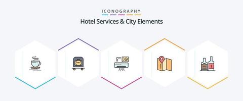 serviços de hotel e elementos da cidade 25 pacote de ícones de linha preenchida, incluindo bottl. álcool. ar. serviço. localização vetor