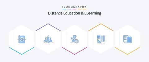 educação a distância e elearning 25 pacote de ícones azuis, incluindo compartilhamento. caneta. graduação. calculadora. estacionário vetor