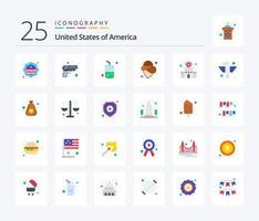 Pacote de ícones de 25 cores planas dos EUA, incluindo estação. prédio. vidro. chapéu. EUA vetor