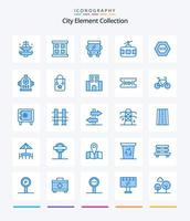 coleção criativa de elementos da cidade 25 pacote de ícones azuis, como hexágono. turismo. ônibus. percorrer. bonde, bondinho vetor