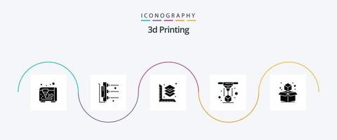 Pacote de ícones de glifo 5 de impressão 3D, incluindo cubo. laser. escalado. impressão. modelagem vetor