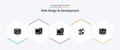 web design e desenvolvimento pacote de ícones de 25 glifos, incluindo pasta. chave inglesa. dispositivo. ferramenta. codificação vetor