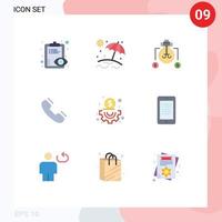 9 pacote de cores planas de interface de usuário de sinais e símbolos modernos de conteúdo anel ideia contato telefônico elementos de design de vetores editáveis