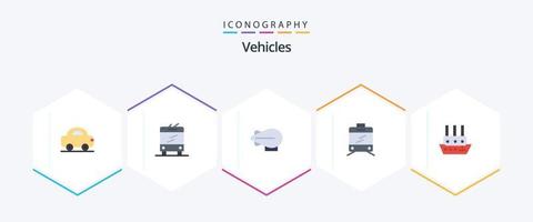 veículos 25 pacote de ícones planos, incluindo . . zepelim. navio. barco a vapor vetor